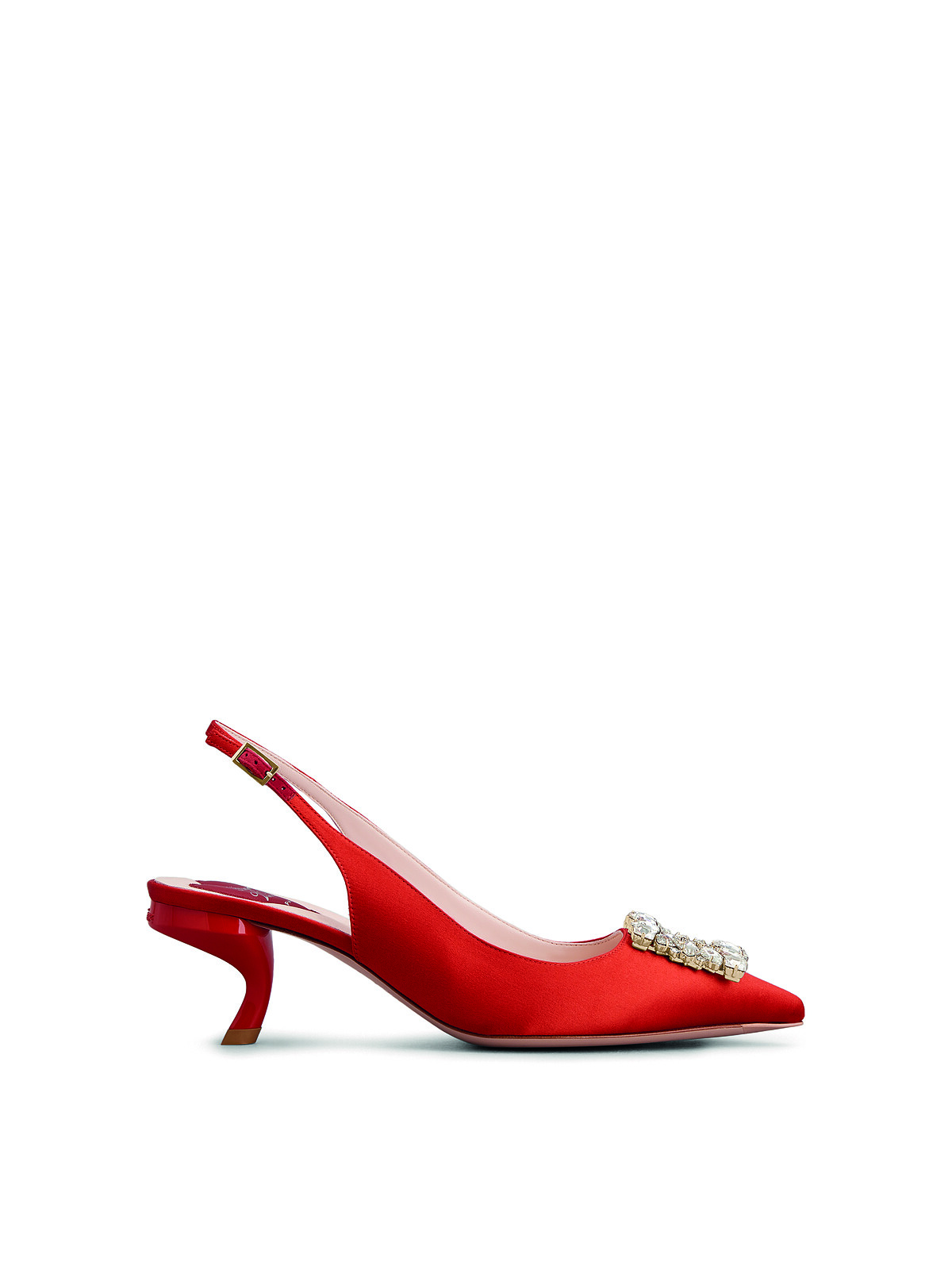 Roger Vivier Virgule strass 紅色緞面鑽飾逗號跟鞋，NT66,000。