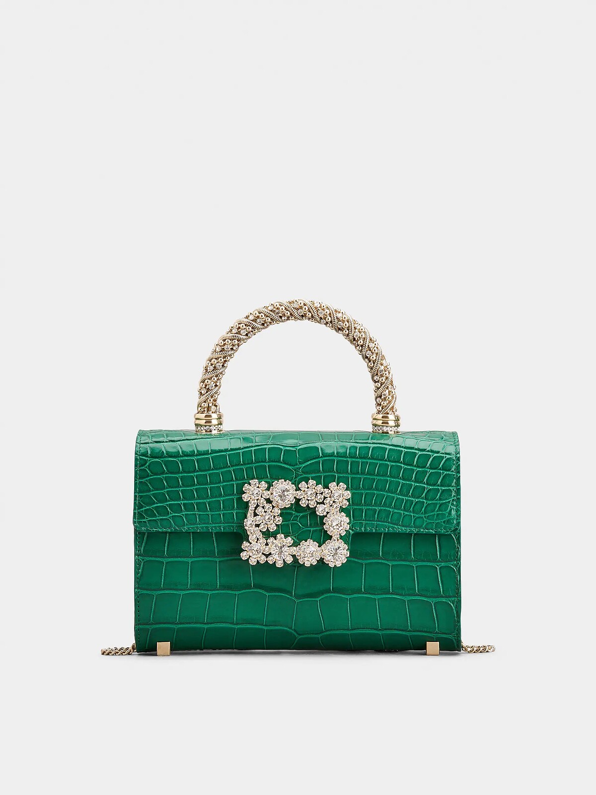 Roger Vivier Flower Jewel 森林綠鱷魚皮鑽飾手提包，NT610,000。