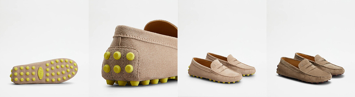 (左至右)全新尺寸和色彩的豆豆鞋，捎來新樂趣。淺棕色麂皮豆豆鞋NT25,500、棕色麂皮豆豆鞋NT25,500