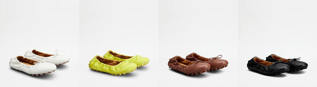 (左至右)白色皮革芭蕾舞鞋NT26,900、黃色絲緞拼皮革芭蕾舞鞋NT26,900、棕色皮革芭蕾舞鞋NT26,900、黑色皮革芭蕾舞鞋NT26,900