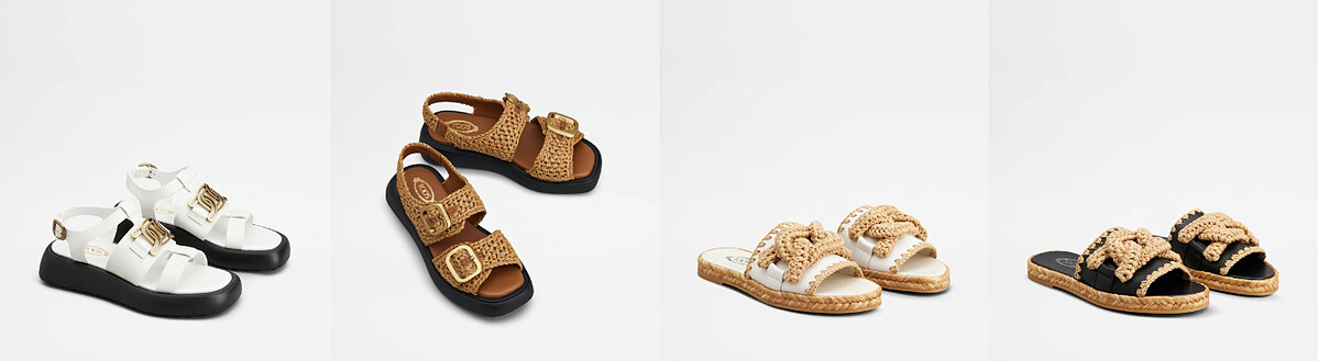 (左至右)Kate白色涼鞋NT37,100、草編涼鞋NT37,500、Kate白色草編拖鞋NT29,100、Kate黑色草編拖鞋NT29,100