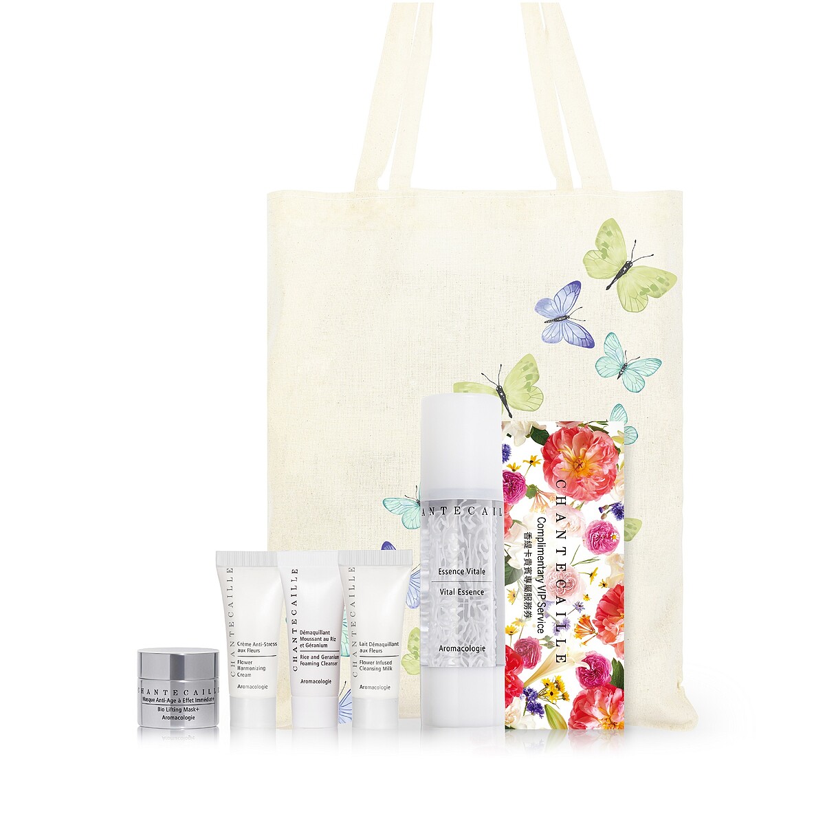 【活膚精華買1送6組】內容包含：花妍活膚精華液 50ml (正貨)、花妍調理保濕霜 8ml、花妍泡沫潔面乳 8g、花妍全效卸妝乳 8ml、鑽石級面膜 升級版 5ml、瞬效花妍臉部護理體驗(30分鐘)、蝶舞翩翩手提袋。