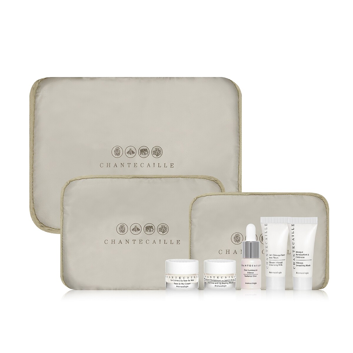 【花妍晶亮六件組】內容包含：花妍全效卸妝乳 8ml、花妍保濕修護面膜 5ml、五月玫瑰花妍乳霜 5ml、花妍煥采活膚面膜 8ml、喚顏粉晶萃4ml、 香緹卡旅行收納包，價值NT$3,459。**特惠組不列入NT$16,000滿額贈計算。