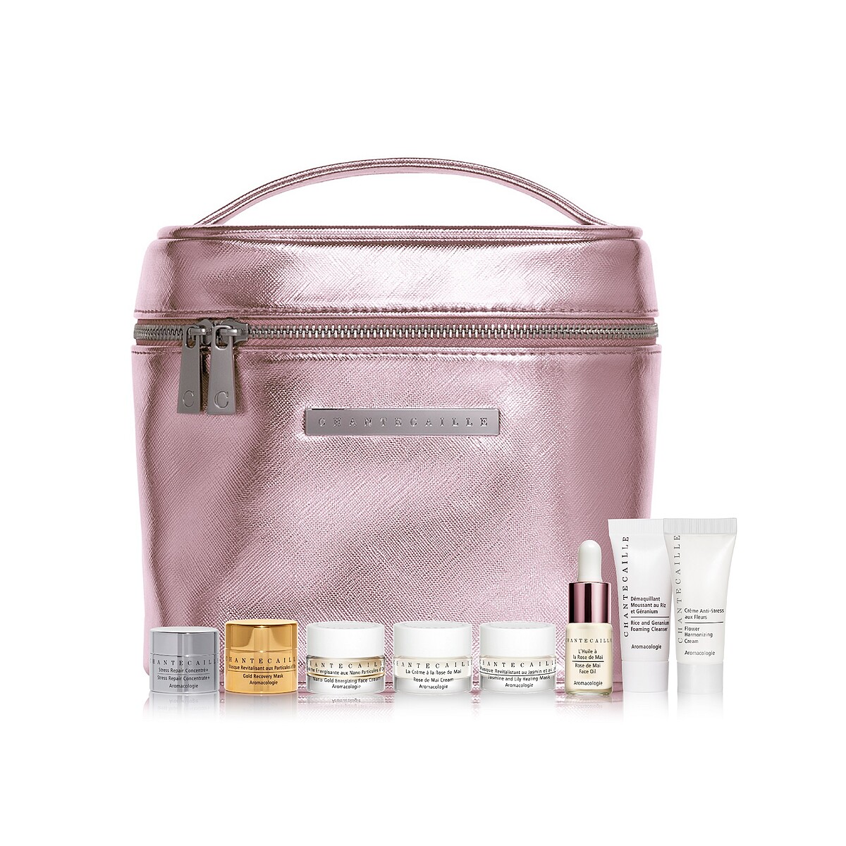 【金緻粉妍八件組】內容包含：花妍泡沫潔面乳 8g、花妍調理保濕霜 8ml、花妍保濕修護面膜 5ml、極緻純金賦活乳霜 5ml、五月玫瑰花妍乳霜 5ml、五月玫瑰花妍極萃精華油 4ml、極緻純金賦活面膜5ml、鑽石級眼霜 升級版3ml、玫瑰方形化妝包，價值NT$8,193。