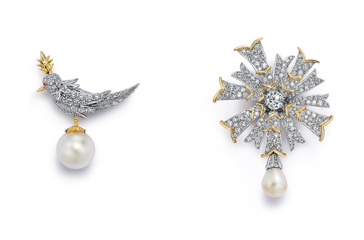 Tiffany & Co. Schlumberger石上鳥珍珠系列 - 鉑金與18K金鑲嵌白色珍珠與鑽石胸針