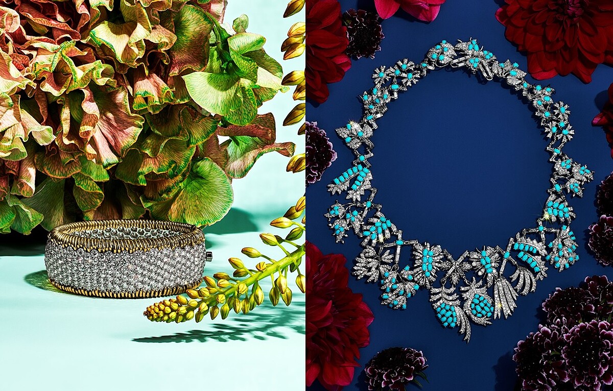 (左)Tiffany & Co. Schlumberger鉑金與18K金鑲嵌總重逾41.3克拉鑽石手環、(右)Tiffany & Co. Schlumberger Trellis鉑金鑲嵌綠松石與鑽石項鍊