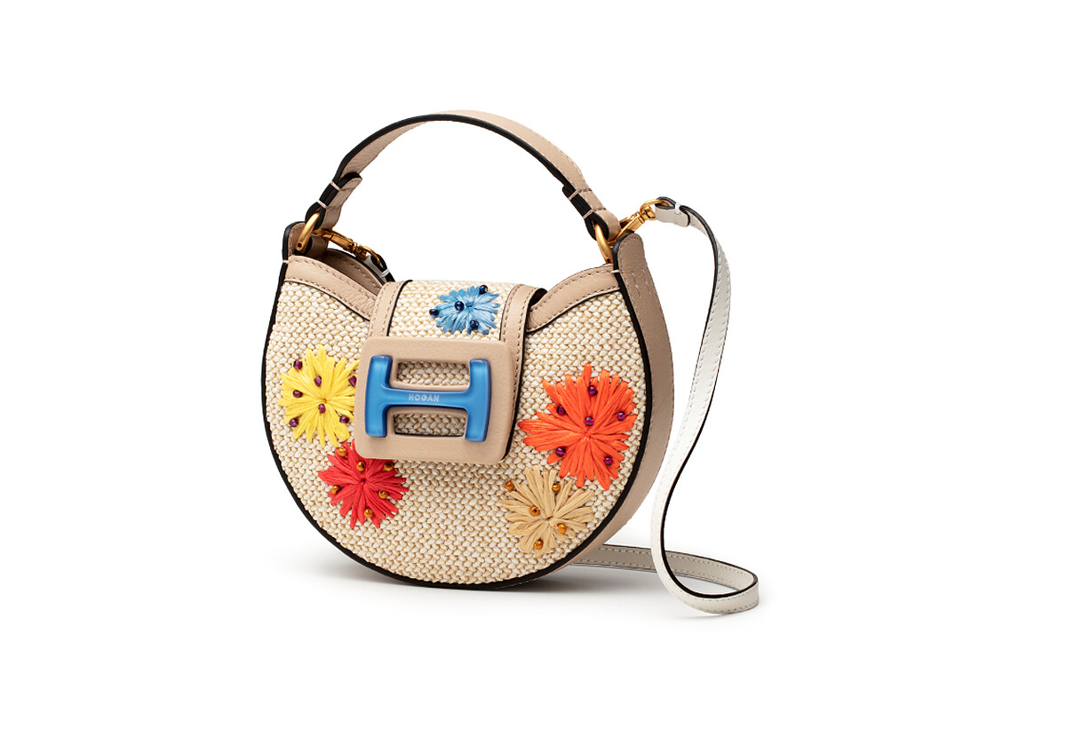 HOGAN 奶茶棕編織刺繡迷你手提肩背包,NT26,800。