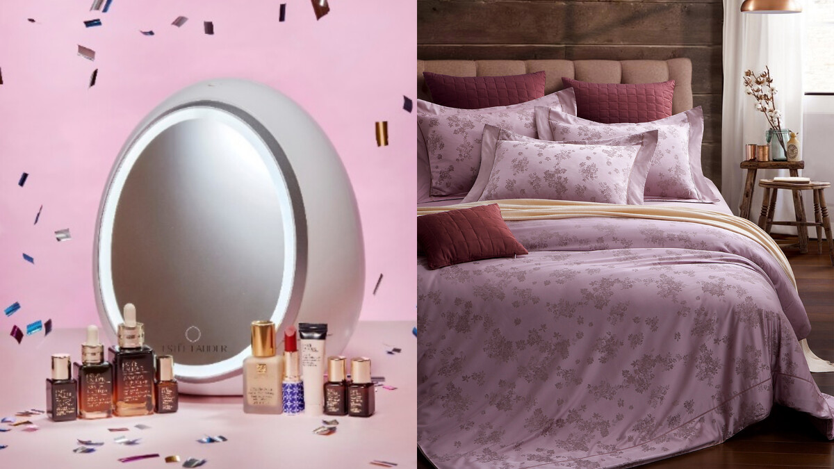 左:ESTEE LAUDER NO.1美肌賞舞台收納箱特價NT$6,350(原價NT$13,178)首日限定48折,右:Séduir兩用被雙人四件式床組買一送一,特價NT$6,000(原價NT$18,960)。