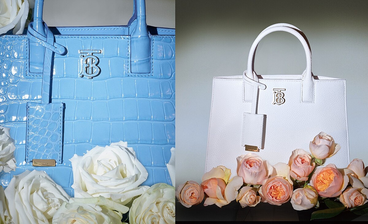 Burberry迷你Frances包 冷矢車菊藍；Burberry迷你Frances包 白色。