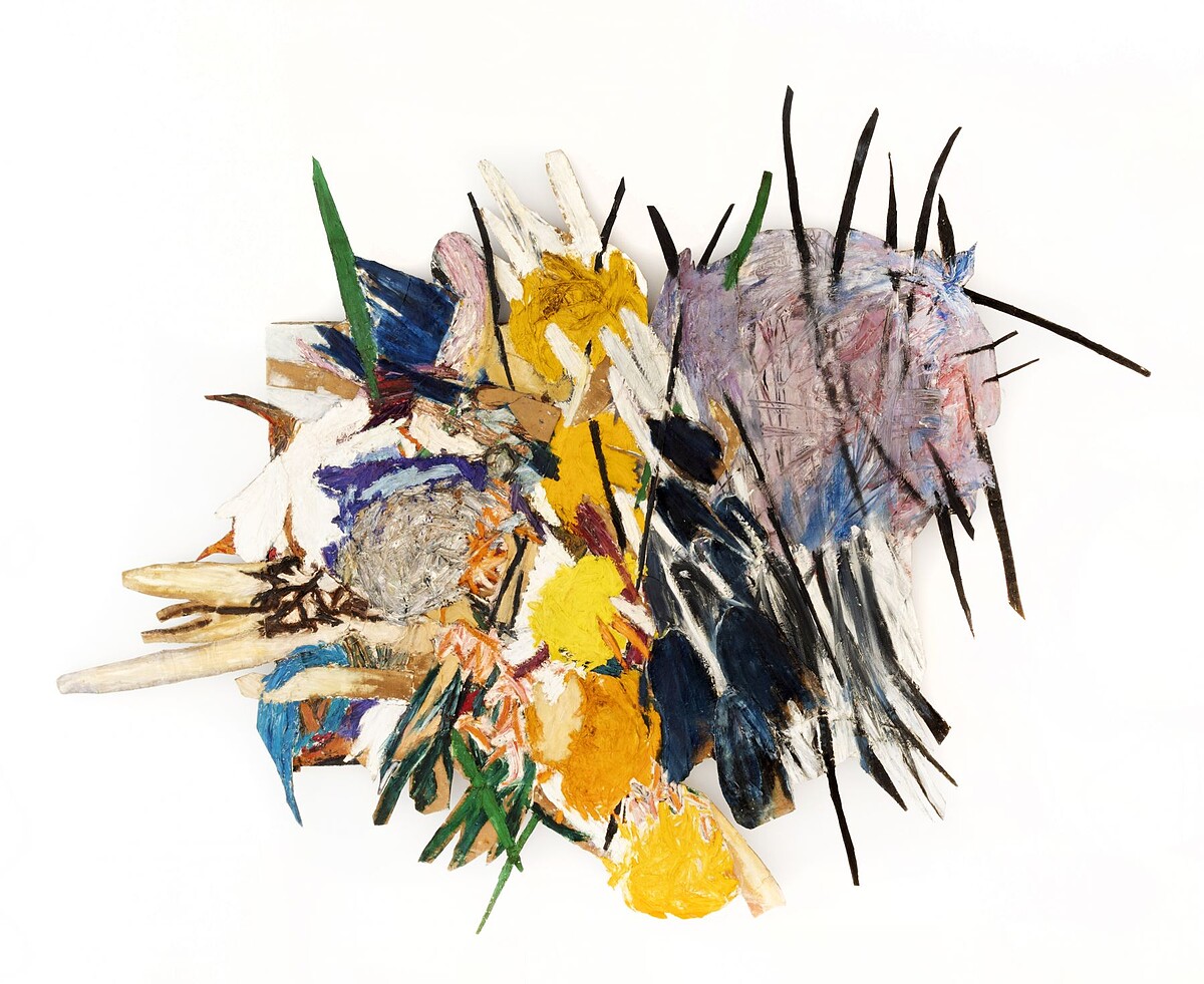 【Eric Firestone Gallery】Martha Edelheit, &ldquo;Fishing for the Blue Moon&rdquo;, 1959, canvas, sheet metal, oil paint on Masonite, 80h x 57w in (203.20h x 144.78w cm). Image courtesy of Eric Firestone Gallery.