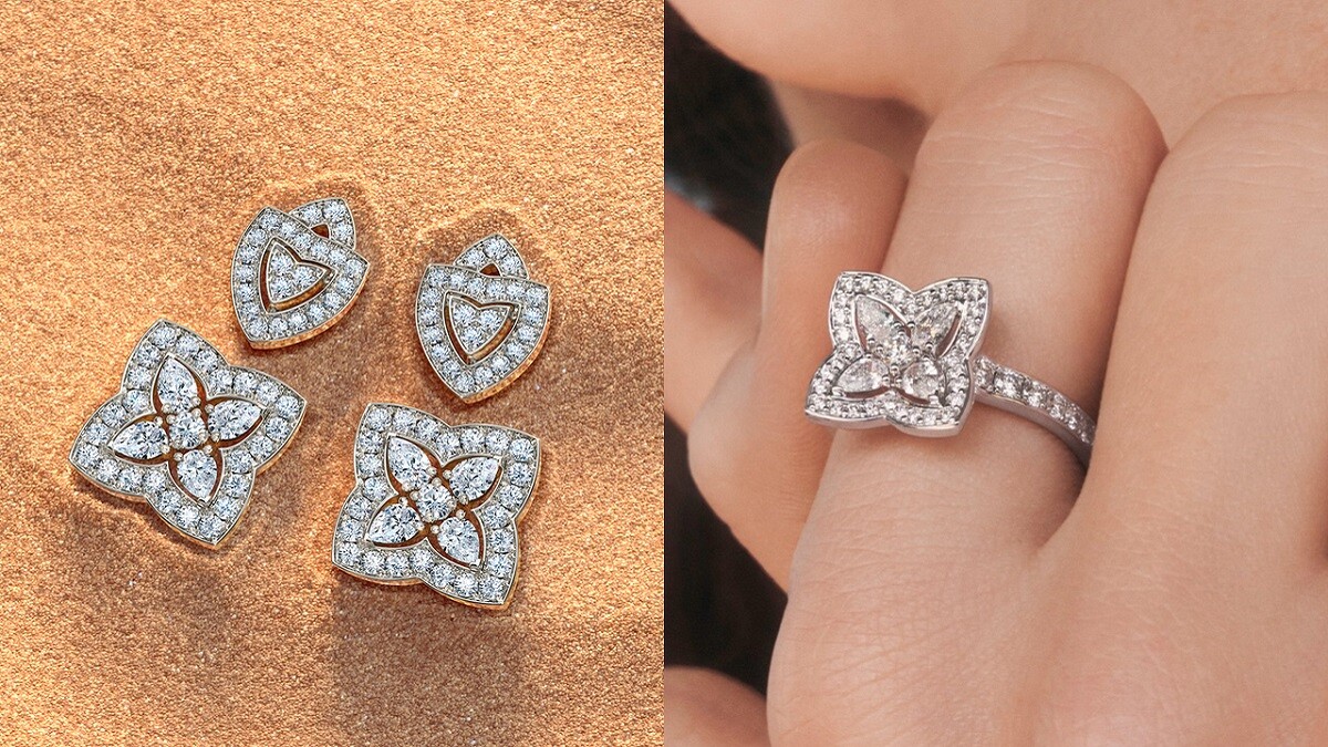 全新 De Beers Enchanted Lotus 18K白金垂墜式鑽石耳環、18K白金鑽石戒指。