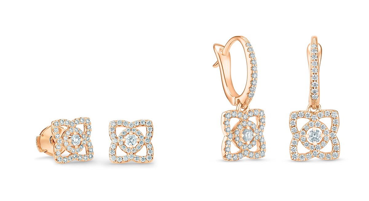 Enchanted Lotus 18K玫瑰金鑽石耳釘，NT87,000、Enchanted Lotus 18K玫瑰金鑽石垂墜式耳環，NT104,000