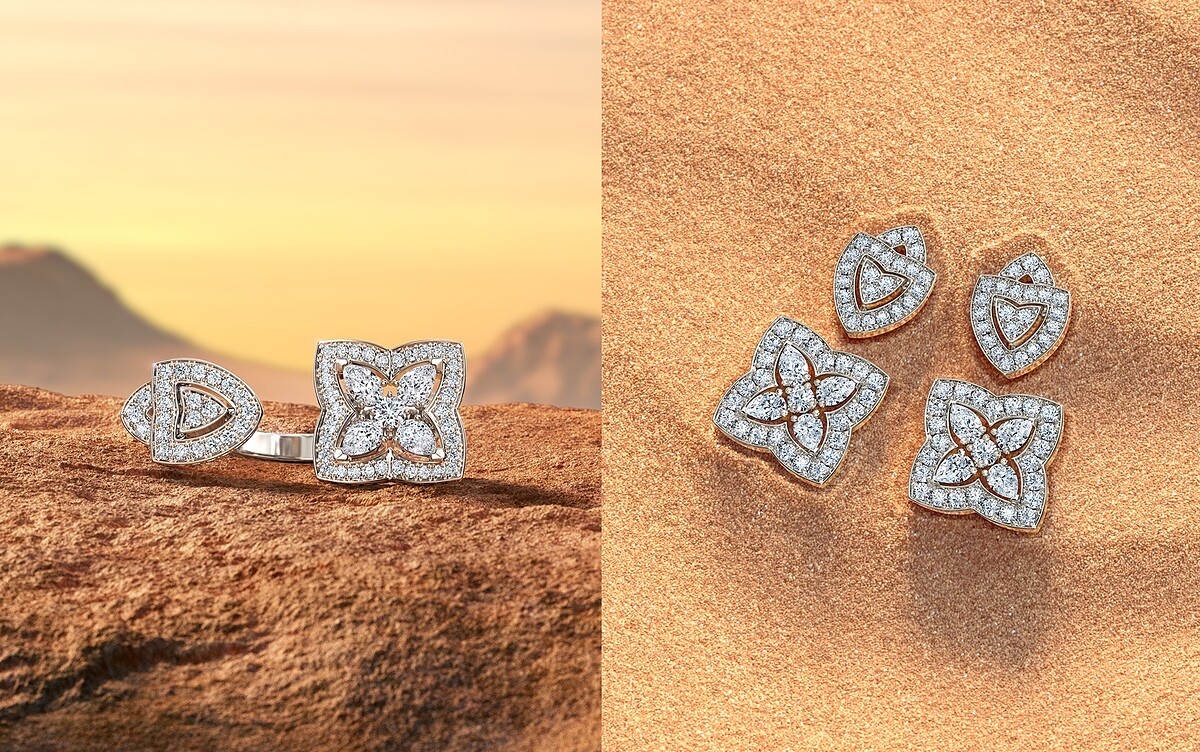 Enchanted Lotus 18K白金開放式鑽石戒指，NT 595,000、Enchanted Lotus 18K白金鑽石垂墜式耳環，NT 895,000。