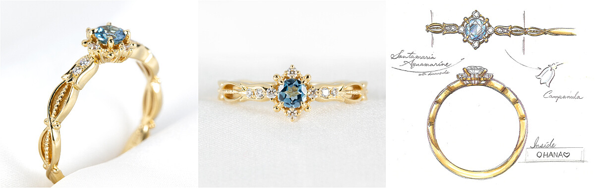 K.UNO以花語為「感謝」的風鈴草為顧客訂製獨一無二的母親節珠寶，以黃K金、海藍寶石、鑽石打造。