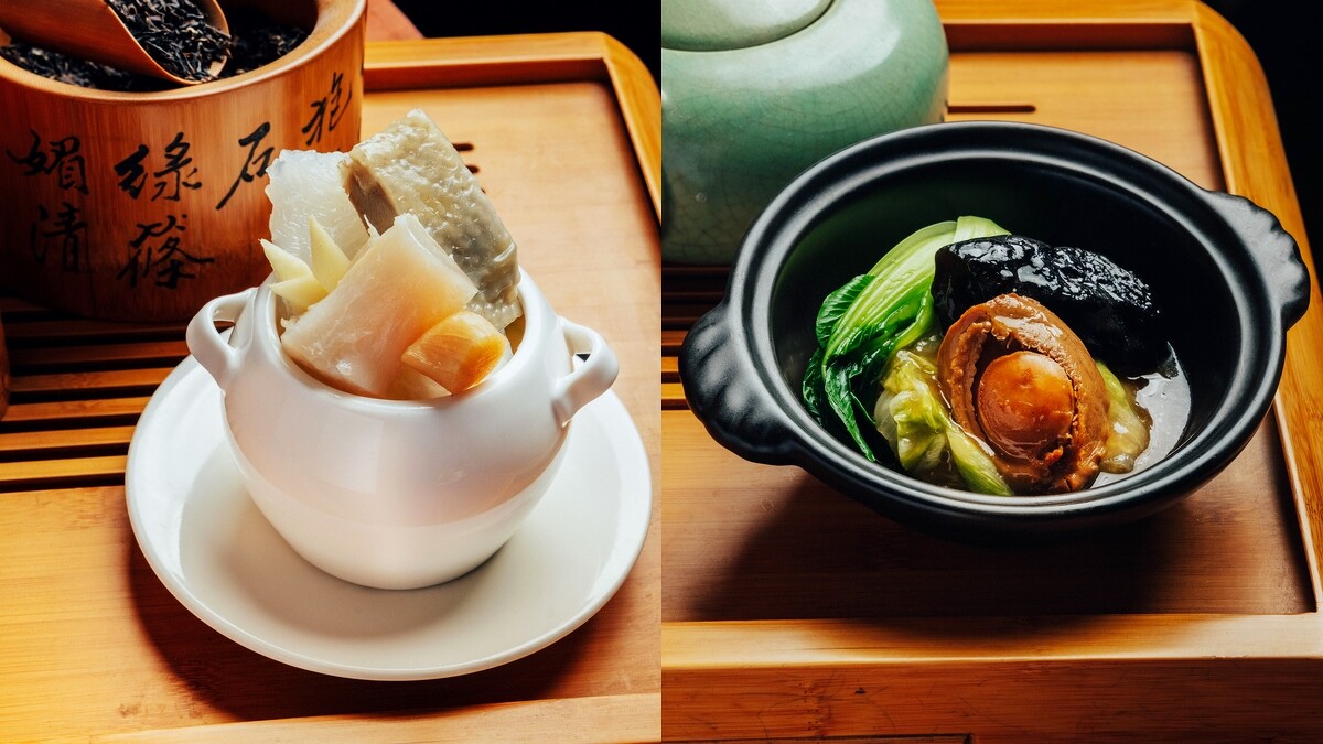 「鹿筋一品花雕雞湯」、「砂鍋海參鮑」