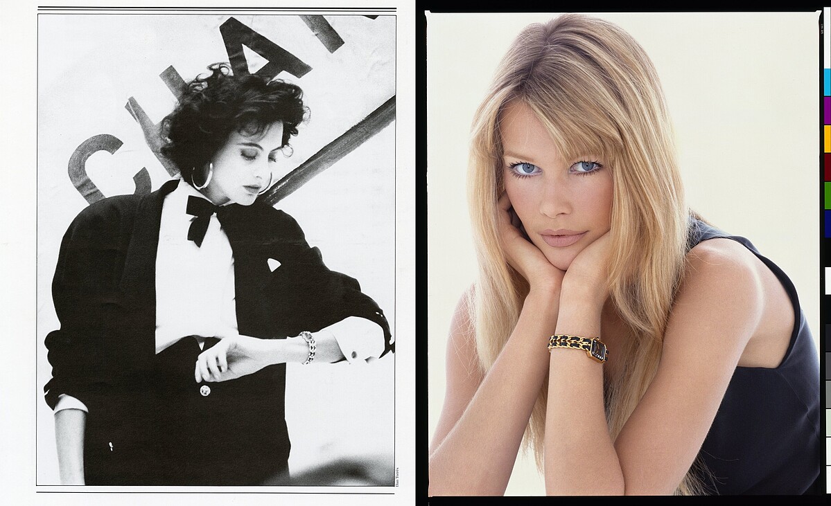 (左)收錄自1987年Premi&egrave;re腕錶新聞資料，由攝影師Dan Torres拍攝Ines de la Fressange於Premi&egrave;re腕錶推出之際佩戴作品。(右) 收錄自1994年Premi&egrave;re腕錶新聞資料，由攝影師Patrick Demarchelier拍攝Claudia Schiffer 詮釋Premi&egrave;re腕錶廣告形象照。