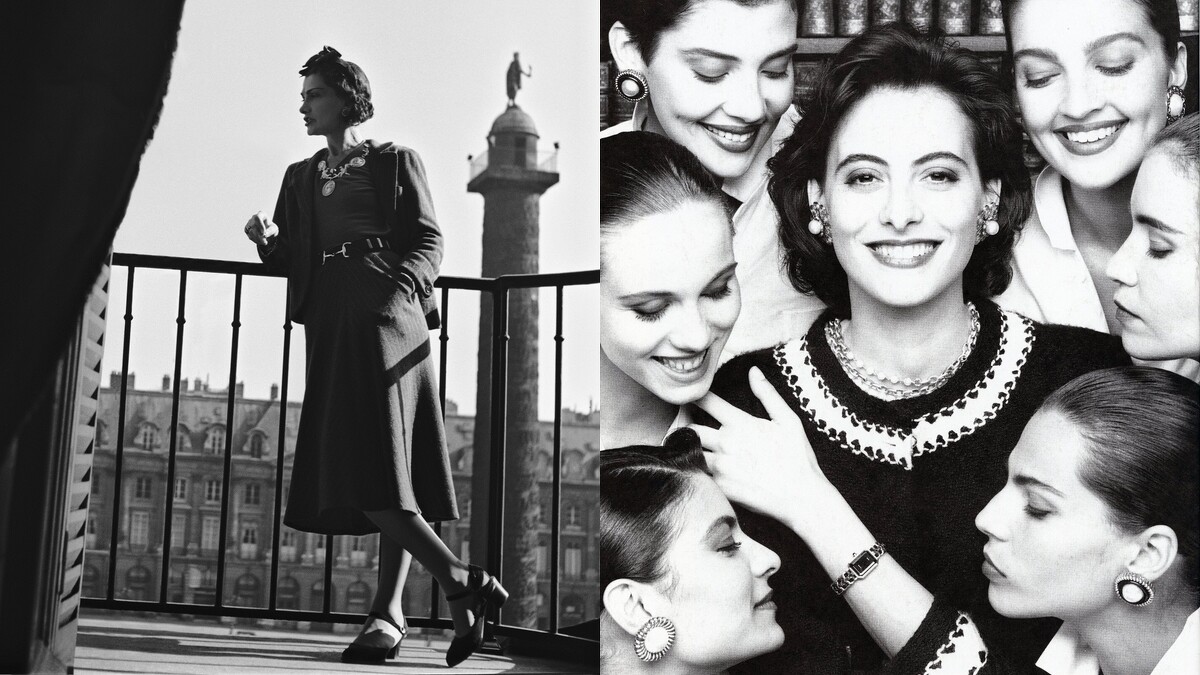 (左)香奈兒女士於巴黎麗池酒店套房拍攝一景。 (右) 收錄自1987年Premi&egrave;r腕錶新聞資料，由攝影師Karl Lagerfeld拍攝Ines de la Fressange於Premi&egrave;re腕錶推出之際佩戴作品。