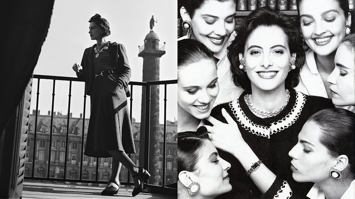 (左)香奈兒女士於巴黎麗池酒店套房拍攝一景。 (右) 收錄自1987年Premi&egrave;r腕錶新聞資料，由攝影師Karl Lagerfeld拍攝Ines de la Fressange於Premi&egrave;re腕錶推出之際佩戴作品。