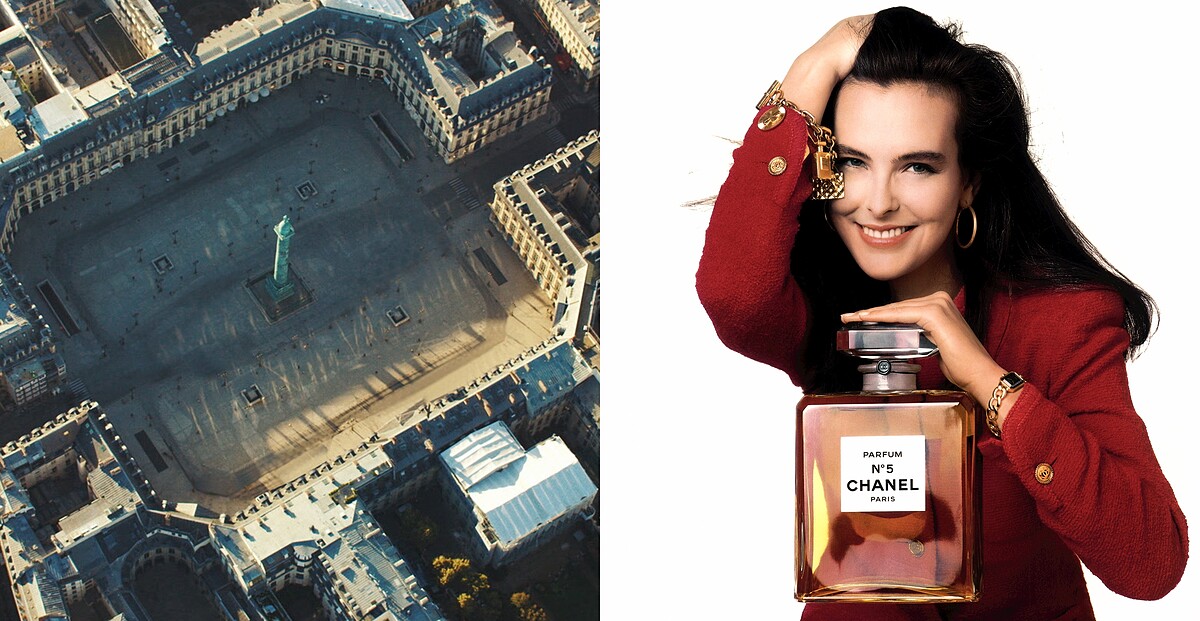 (左) 巴黎芳登廣場俯瞰圖。(右)1989 Carole Bouquet穿戴Premi&egrave;re腕錶。