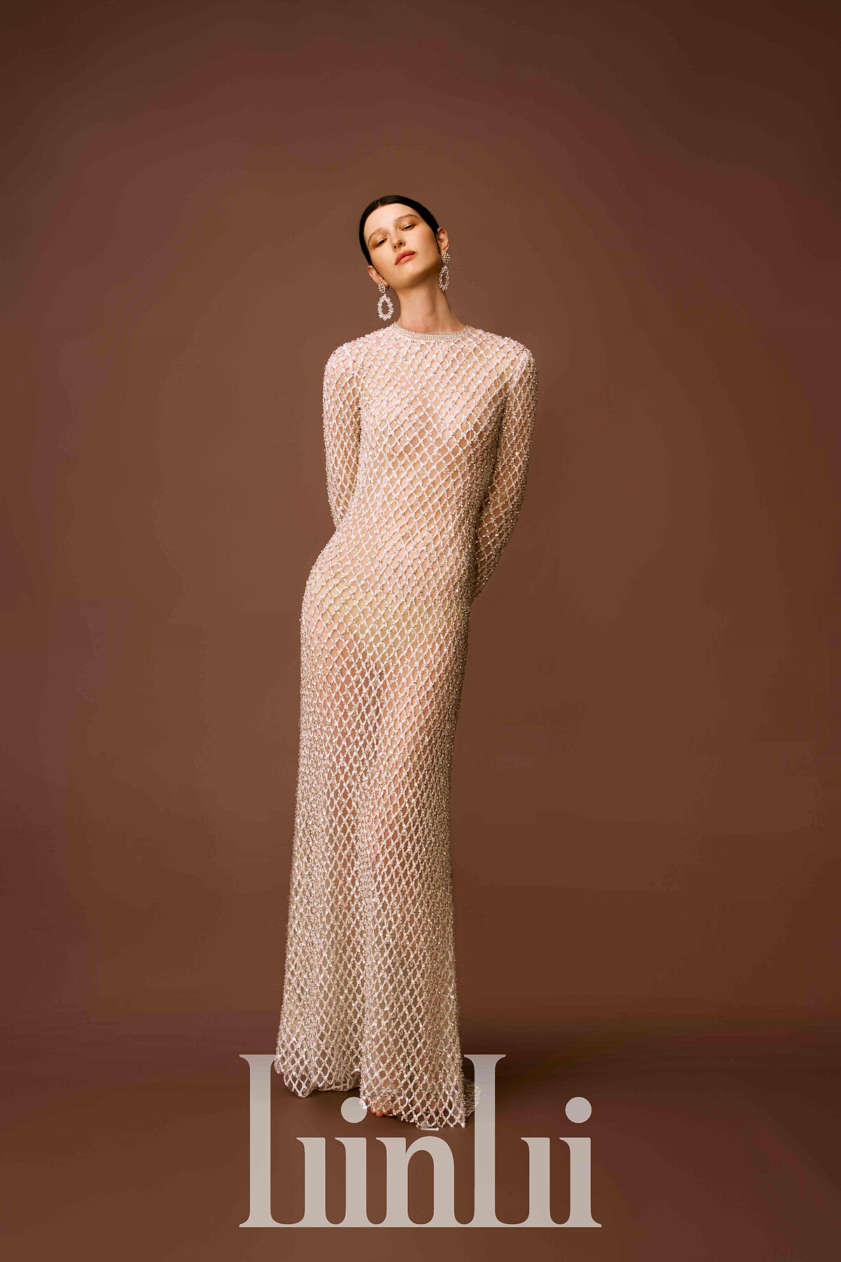 大網格星鑽直身長袖白紗