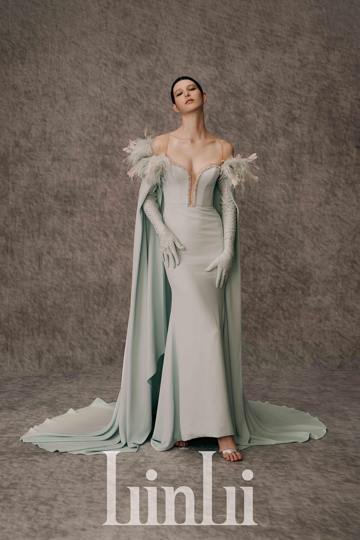 湖綠藍披風窄擺禮服