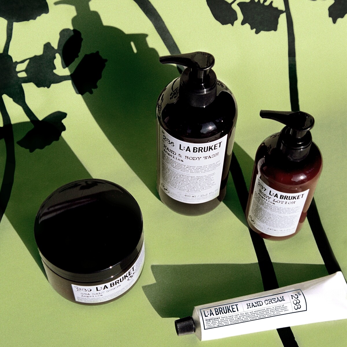 L:a Bruket 286潔膚露限量歐白芷450ml，NT1,200。287身體乳限量歐白芷 240ml，NT1,350。288護手霜限量歐白芷30ml，NT600、70ml，NT950。289身體去角質限量歐白芷420g，NT1,600
