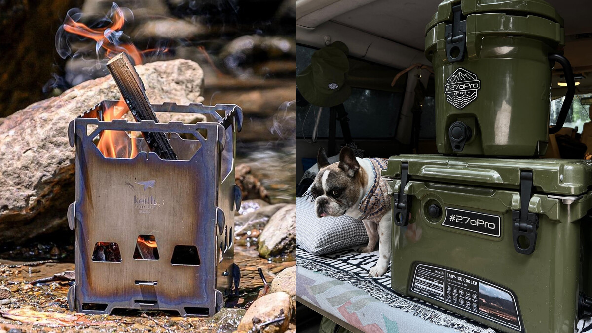 （左）僅A4大小！keith鎧斯極輕量可拆式純鈦柴火爐、（右）可防盜上鎖！＃270Pro風格保冰桶。