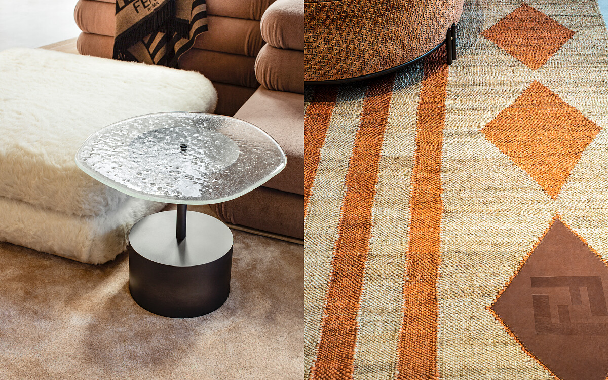 左為Sumo Coffee Table，右為運用羊毛、黃麻和皮革重新演繹 FENDI 典藏資料裡的 Eskimo 圖案的地毯。