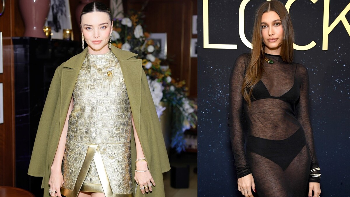 (左)超級名模米蘭達可兒(Miranda Kerr)佩戴Tiffany Lock系列作品、(右)超級名模海莉鮑德溫(Hailey Bieber)佩戴Tiffany Lock系列作品