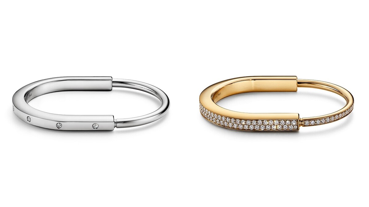 Tiffany Lock 18K白金鑲嵌十顆鑽手鐲、18K金舖鑲鑽石手鐲。