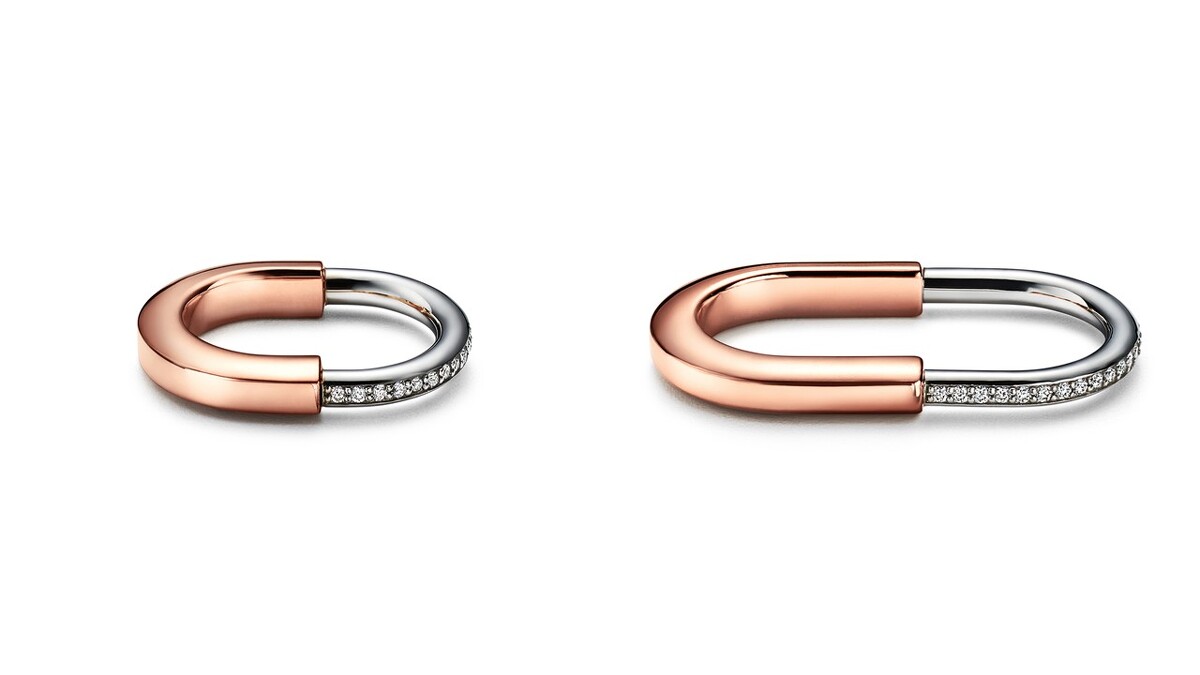 Tiffany Lock 18K白金與玫瑰金鑲鑽戒指、18K白金與玫瑰金鑲鑽雙指戒