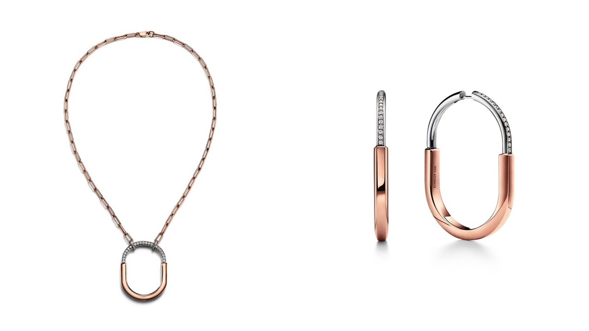 Tiffany Lock 18K白金與玫瑰金鑲鑽項鍊、18K白金與玫瑰金鑲鑽耳環。