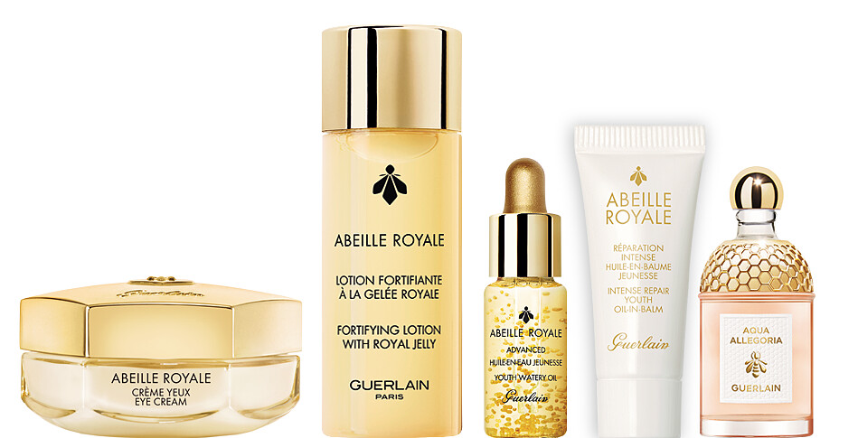 買：皇家蜂王乳超拉提亮眼霜 15ml＋皇家蜂王乳蜜露 40ml，贈：皇家蜂王乳平衡油3G 5ml、皇家蜂王乳臉部身體全能乳霜5ml、花草水語 陽光甜橘淡香水 7.5ml，優惠價$ 3,950，價值$ 6,347【62折優惠】。