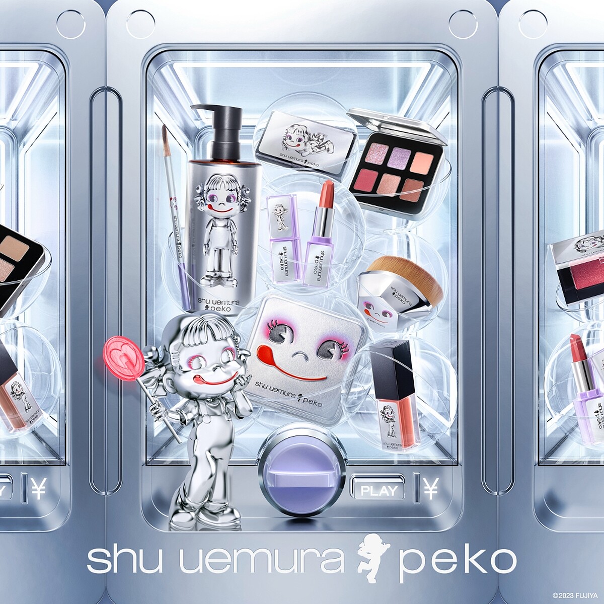 shu uemura植村秀 X Peko聯名彩妝扭蛋機形象照。