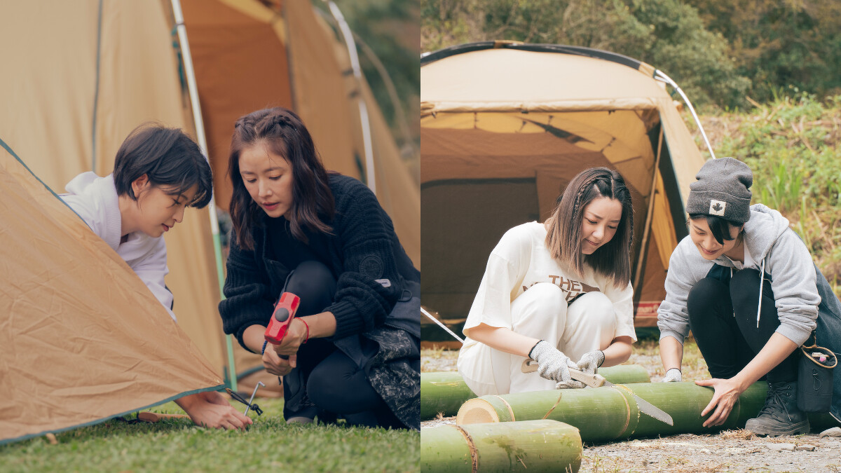 江宜蓉、林心如、郭雪芙跟著團員們同心協力嘗試從未體驗過的搭帳、砍竹子等經驗。圖／TVBS提供