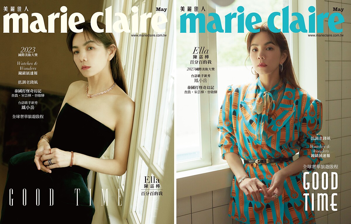 （左）深藍色立體結構裙身設計絲絨洋裝，Loewe。B.zero1 Rock 系列玫瑰金鑽石項鍊、B.zero1 Rock 系列黑陶瓷三環鑽石戒指、B.zero1 Rock 系列玫瑰金鑽石戒指、B.zero1 Rock 系列玫瑰金鑽石手環、B.zero1 系列玫瑰金黑陶瓷手環、B.zero1 系列玫瑰金鏤空手環，all by BVLGARI。（右）印花長袖墊肩夾克、印花蝴蝶結襯衫、印花中長裙、繫帶高跟鞋、腰帶，all by Gucci。B.zero1 白金鑽石耳環、B.zero1 系列白金三環鑽石戒指，白K金三環戒指，外圈飾以密鑲鑽石、B.zero1系列玫瑰金三環鑽石戒指、B.zero1 系列白金手環，all by BVLGARI。