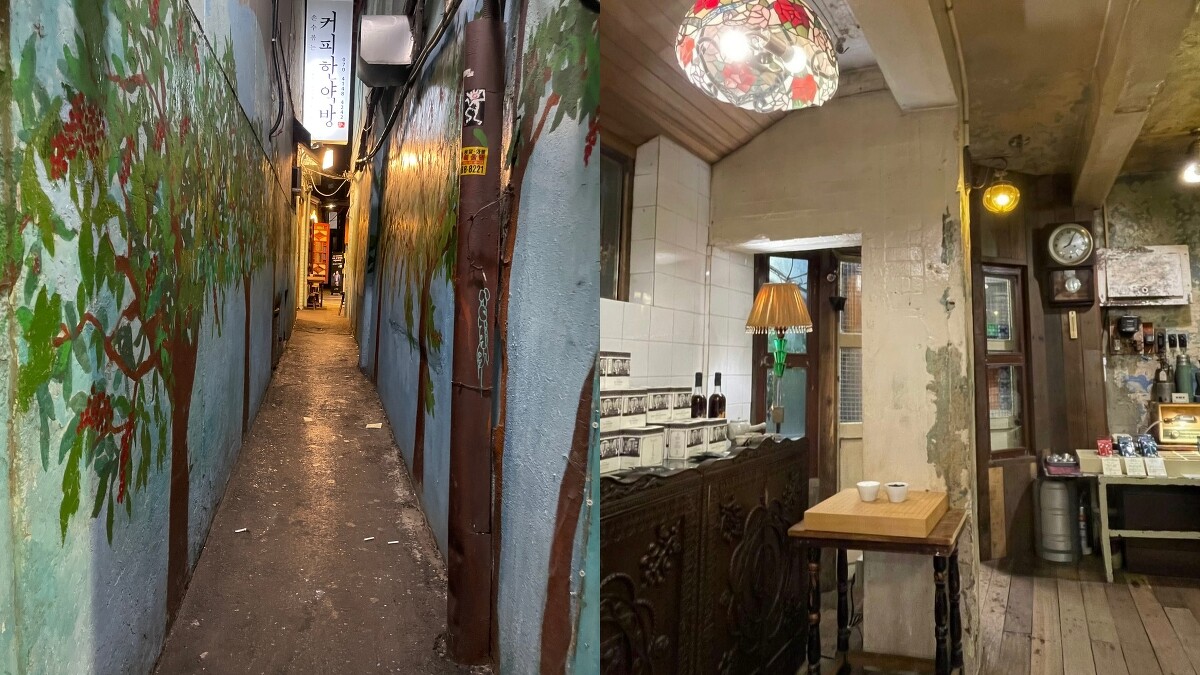 咖啡韓藥房入口巷子與一樓內部。