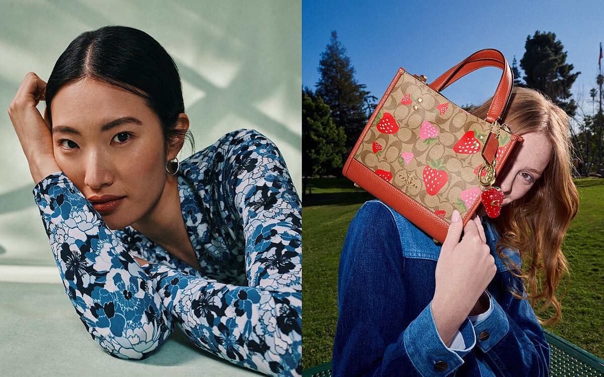 印花圖騰上衣（Brooks Brothers，電洽）、SIGNATURE緹花面料手袋（COACH，電洽） 