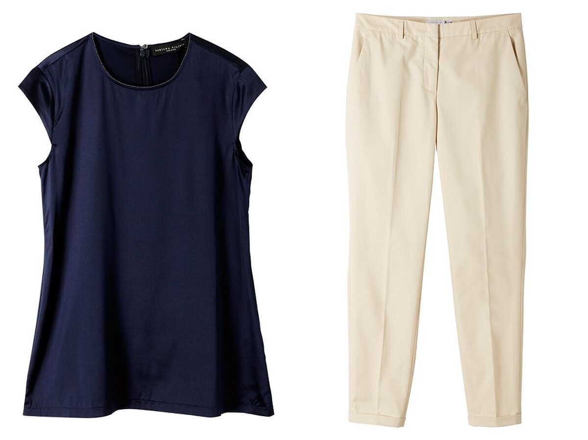 深藍上衣、米白褲（FABIANA FILIPPI，E-DA $9,000、E-DA $6,390）