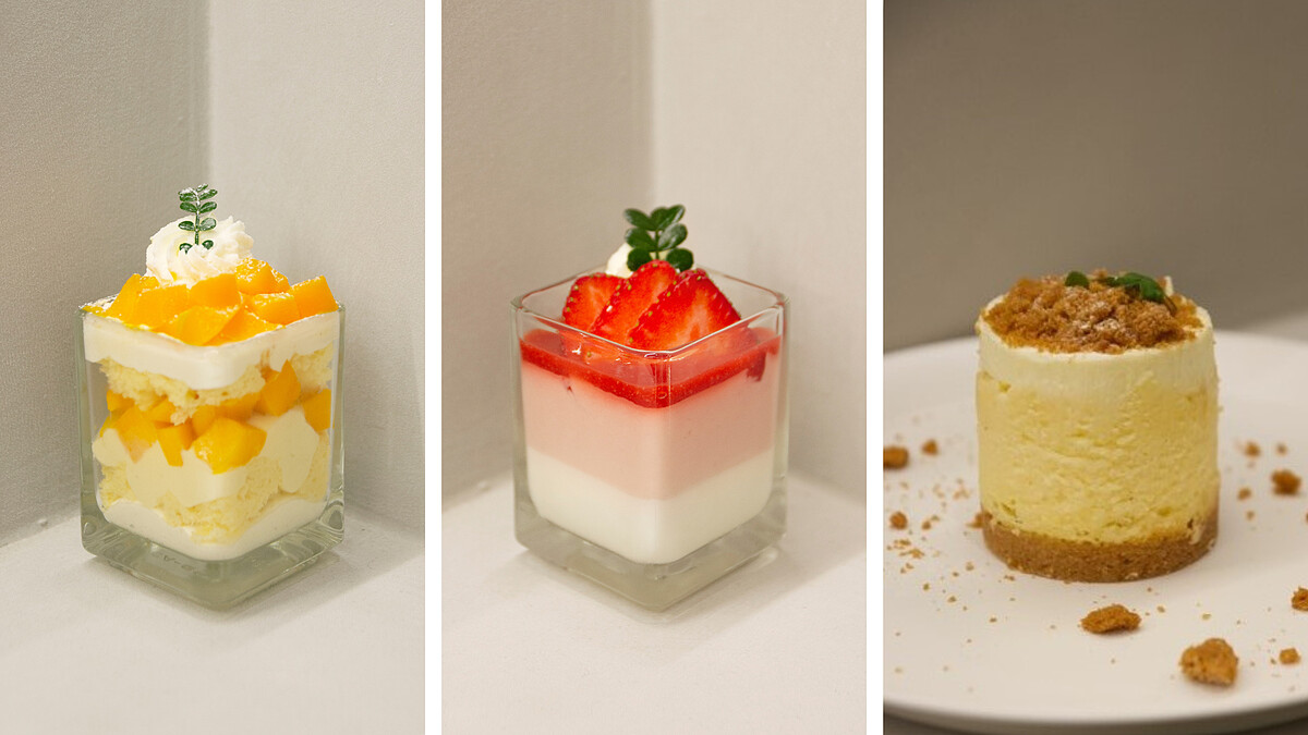 新店限定甜點：奶油蛋糕杯、野莓奶酪、起司三重奏。