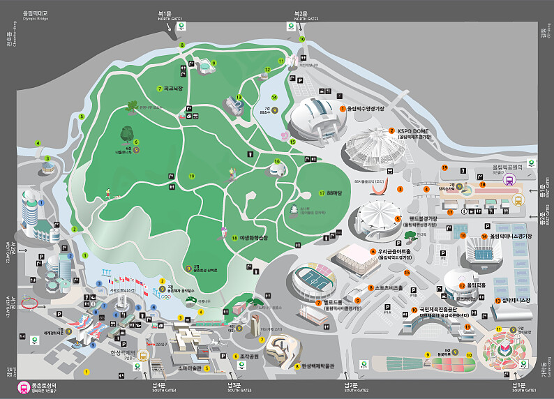 奧林匹克公園地圖，右下角圓形的地方就是玫瑰廣場(取自公園官網)