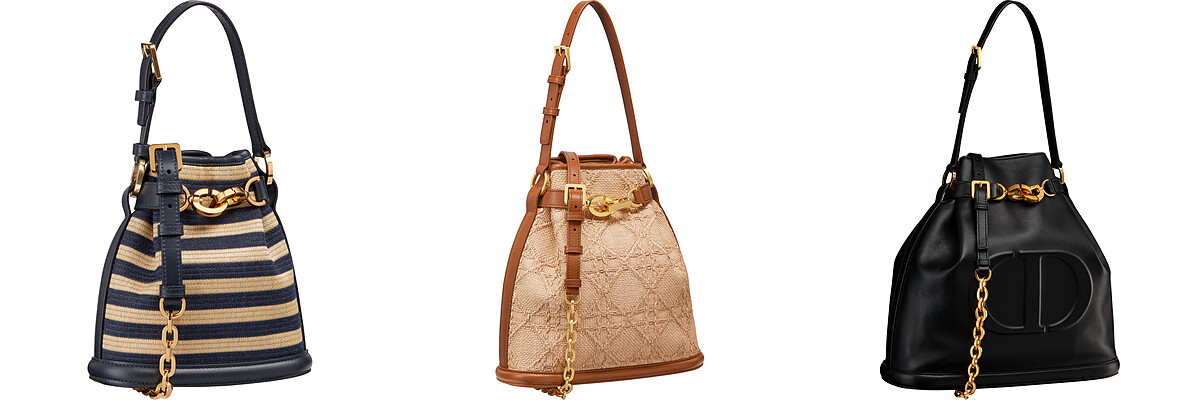 （左至右）草編小型水桶包，NT$97,000／籐格紋拉菲草中型水桶包，NT$115,000／小牛皮大型水桶包，NT$135,000