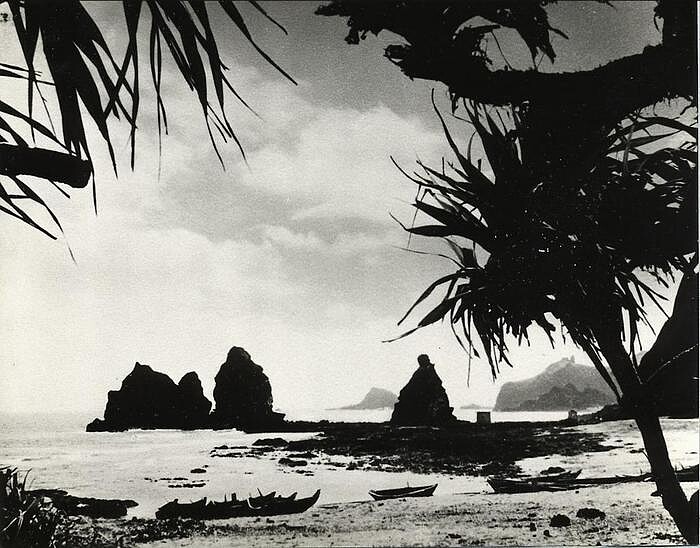 政治受難者歐陽文在綠島關押期間留下珍貴的風土人情攝影，圖為歐陽文〈林投樹與船〉