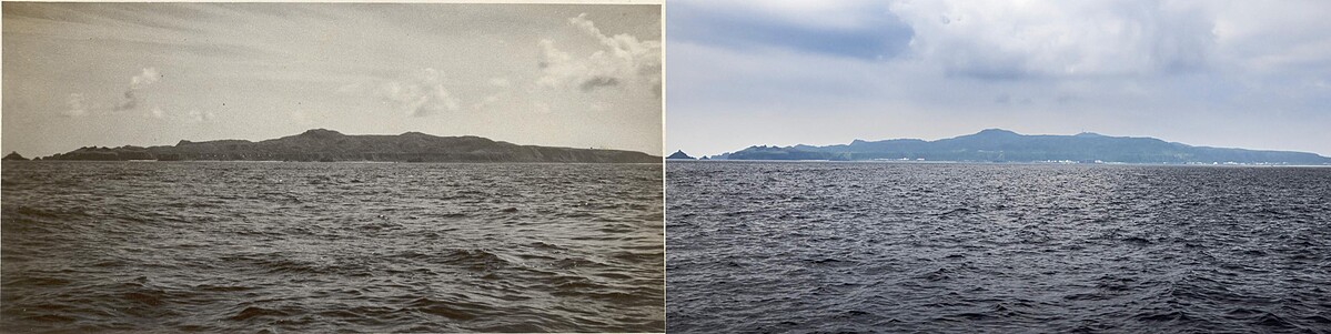 陳孟和＋後來的人們＋劉紀彤〈後來的人寄出的風景〉，左為政治受難者陳孟和乘船回望綠島時所拍攝之綠島全景照；右為2010年後人依循前輩足跡重新拍攝
