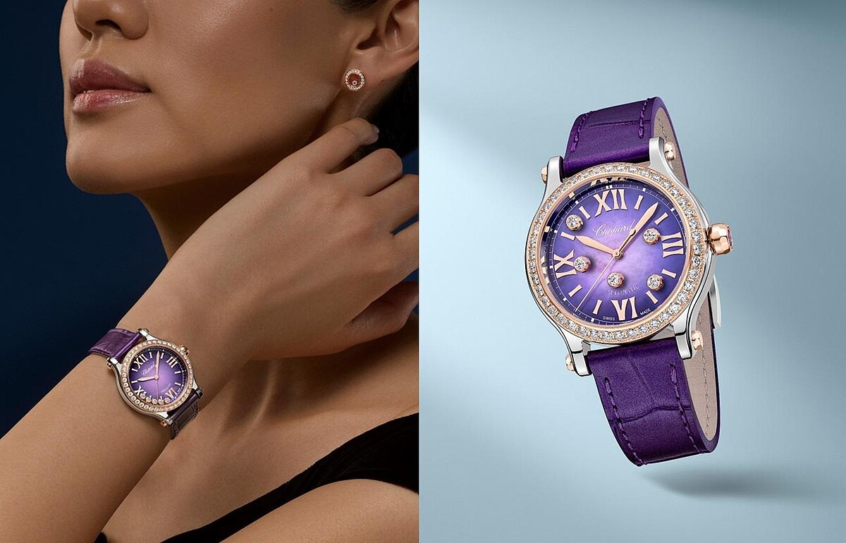 Happy Sport 系列精鋼玫瑰金鑽石腕錶，直徑33毫米，採用Lucent Steel&trade;精鋼和符合倫理道德標準的18K玫瑰金材質，鑲鑽錶圈搭配紫色珍珠母貝錶盤，搭載蕭邦經典09.01-C型自動上鏈機芯，動力儲42小時，珠光紫色鱷魚皮錶帶。