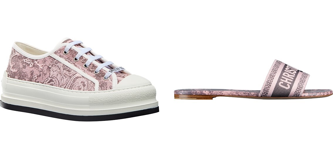 Dioriviera Toile de Jouy 紛紅色運動鞋,NT33,000、Dway Dioriviera粉紅色平底鞋,NT24,000