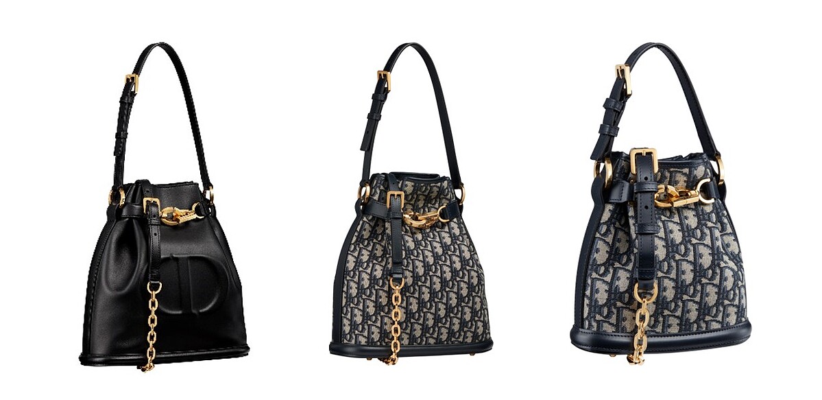 C’est Dior黑色小牛皮中型水桶包,NT120,000、黑色小牛皮拼接 OBLIQUE 中型水桶包,NT120,000、黑色小牛皮拼接 OBLIQUE小型水桶包,NT110,000。