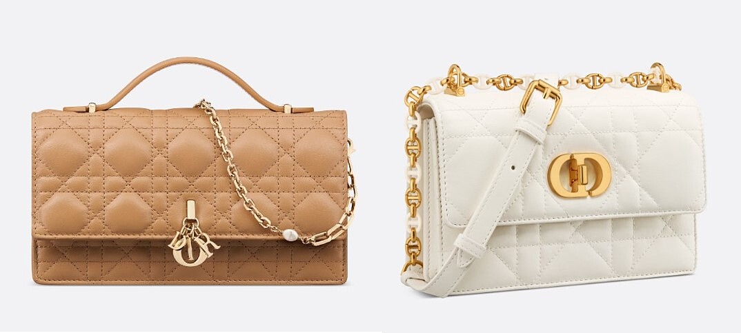 MISS DIOR中度古銅色Cannage籐格紋迷你包,NT79,000、DIOR Caro白色籐格紋小羊皮迷你鏈帶包,NT90,000。