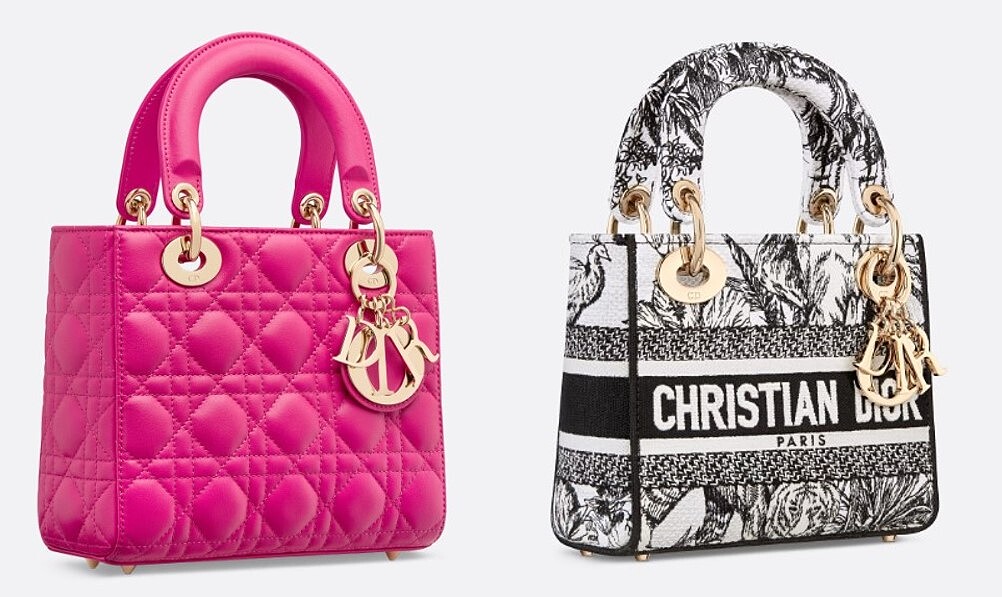 LADY DIOR MY ABCDIOR粉紅色羊皮包小款,NT165,000、LADY D-LITE Toile de Jouy Voyage 刺繡包,NT145,000