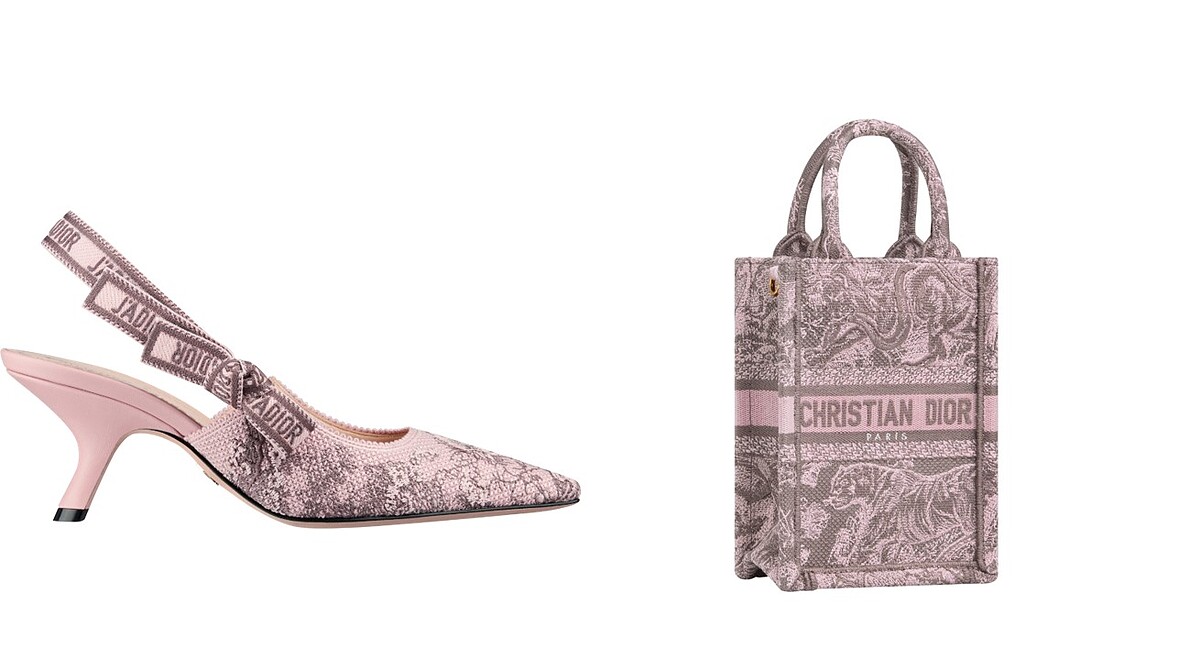 J’Adior Dioriviera粉紅繫帶高跟鞋,NT36,000 、Diorivier Toile de Jouy 小型款托特包,NT71,000。